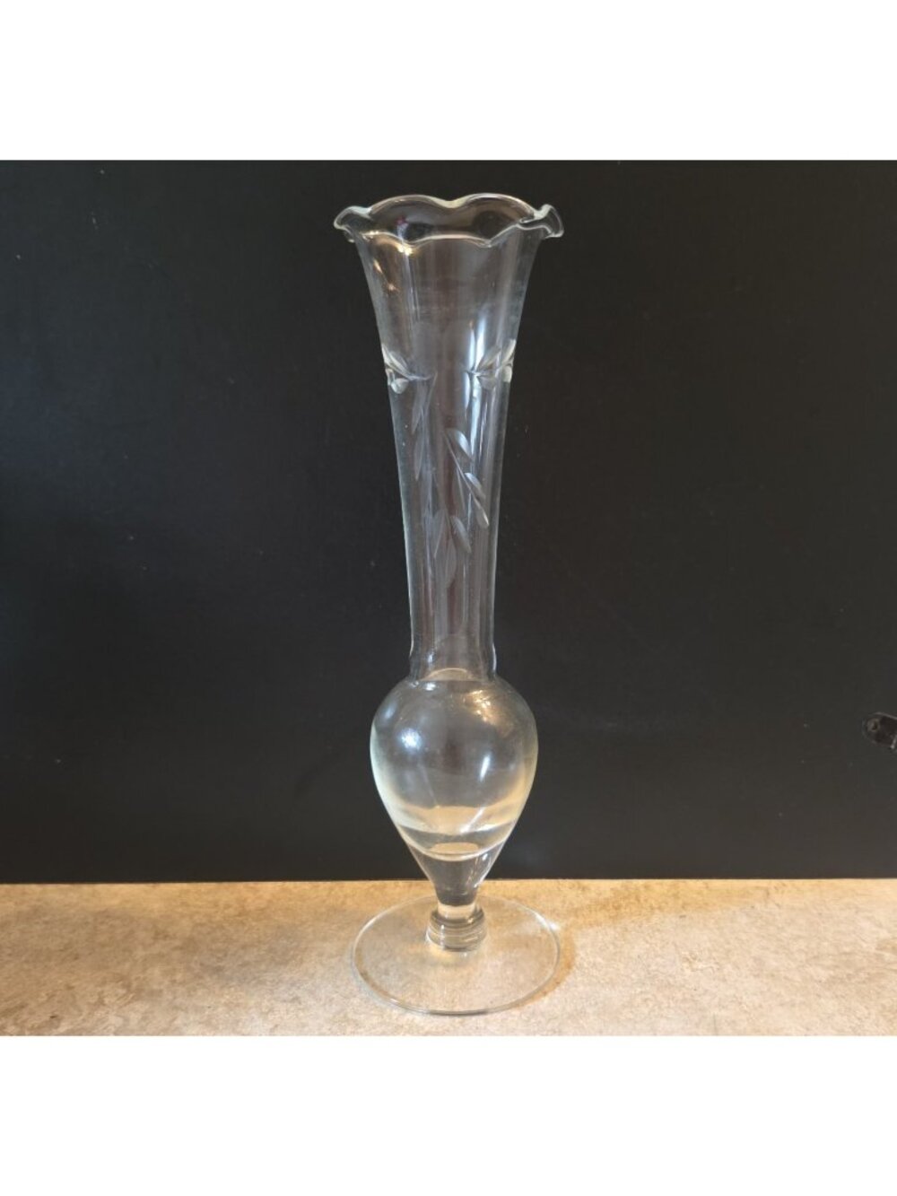 Vintage Bud Vase Crystal Ruffle Rim Fluted Glass Etched Floral Design